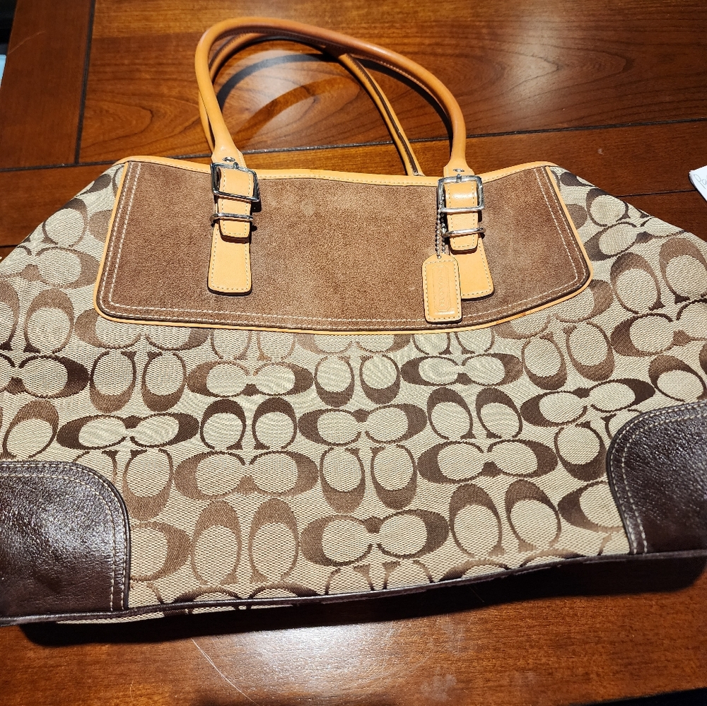 Coach Zoe Satchel Signature Monogram Canvas Suede Tote Shoulder Bag F3J-6367